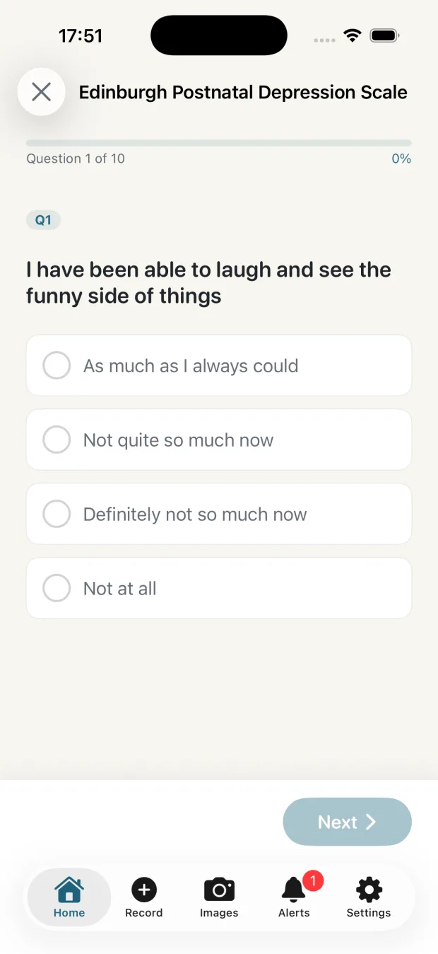 The Edinburgh Postnatal Depression Scale questionnaire in the DigiCareCloud Maternity app, showing question one of ten with four response options