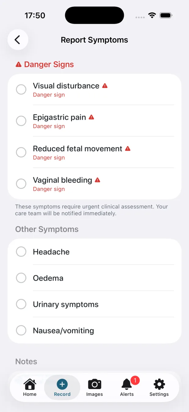 DigiCareCloud Maternity symptom reporting screen, listing visual disturbance, epigastric pain, reduced fetal movement and vaginal bleeding as danger signs requiring urgent clinical assessment