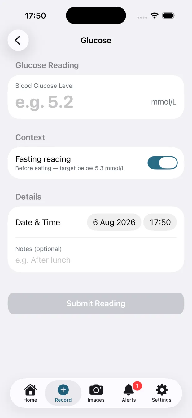 DigiCareCloud Maternity glucose entry screen with a fasting reading toggle showing a target below 5.3 mmol per litre