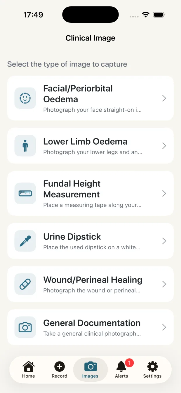 DigiCareCloud Maternity clinical image capture menu, listing facial and periorbital oedema, lower limb oedema, fundal height measurement, urine dipstick and wound healing