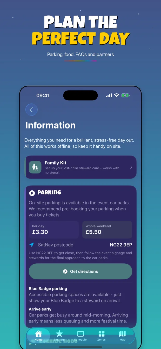 Gloworm Festival app Information screen, showing parking prices, SatNav postcode and accessibility details