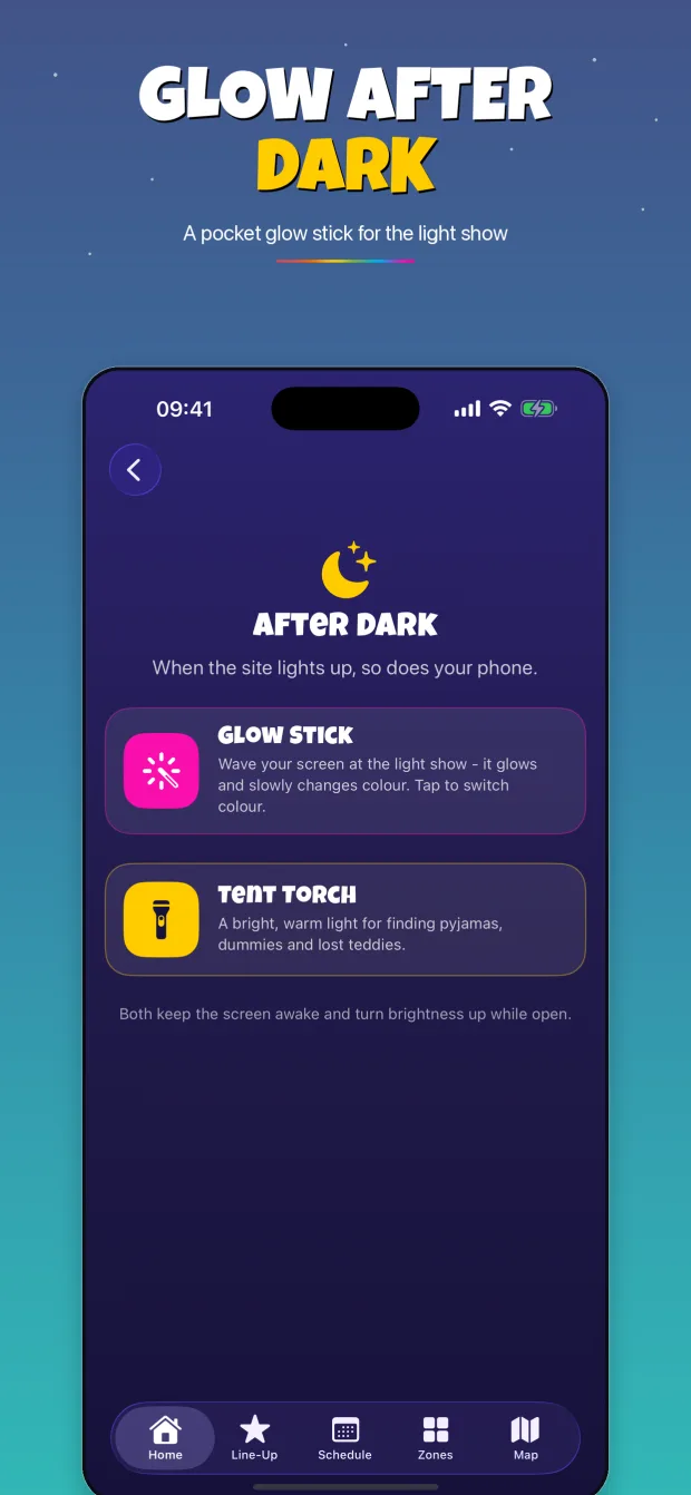 Gloworm Festival app After Dark screen, offering a Glow Stick mode and a Tent Torch