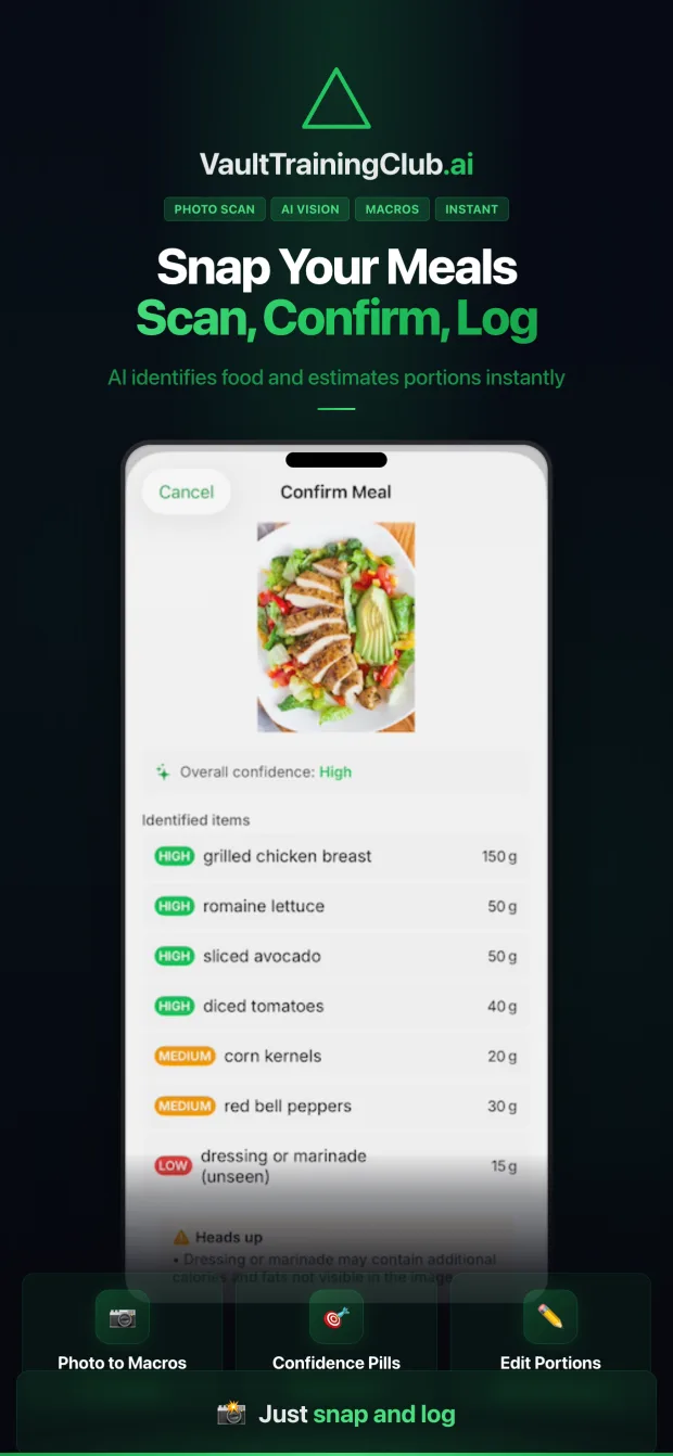 Vault Training Club meal confirmation screen, listing food items identified from a photo with confidence levels and gram estimates